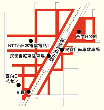 （イラスト）阪急西向日駅周辺の自転車整理区域の地図です。駅の近辺は整理区域に指定されています。