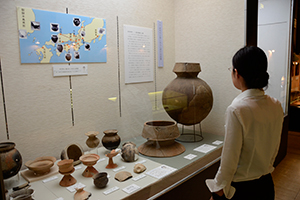 （写真）鴨田遺跡と上植野城跡で見つかった土器が展示されています