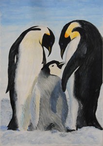 （絵）2羽の大人ペンギンの間に1羽の子どもペンギンがたたずむ様子